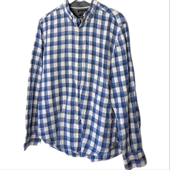 Nautica Slim Fit Linen Blue Check Button Down Long Sleeve Dress Shirt Men's L - Picture 1 of 8